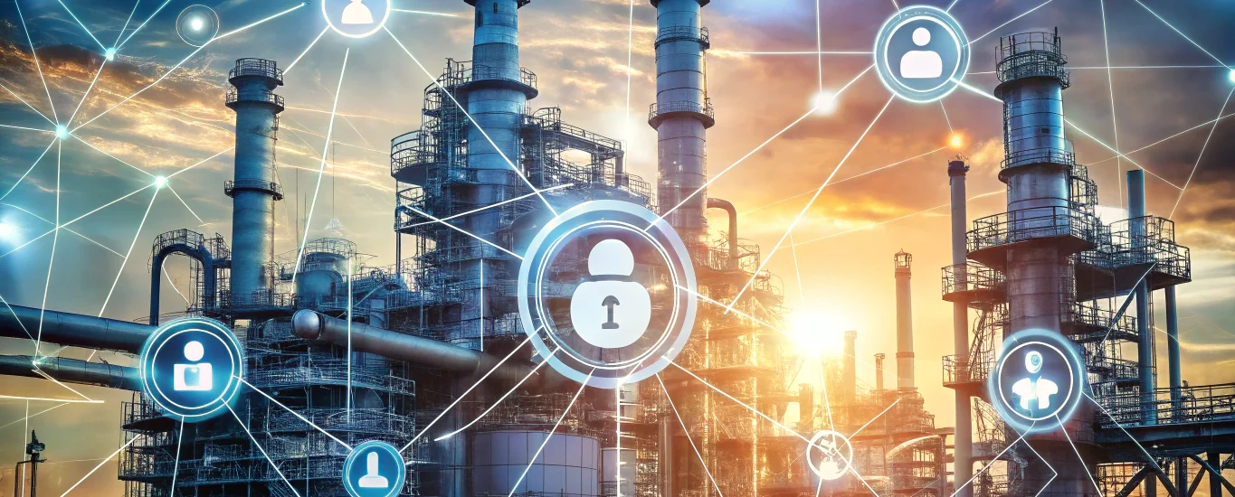 Modern factory silhouette with digital locks and network diagrams representing zero trust architecture in manufacturing cybersecurity for electrical supply chains