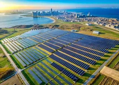 Aerial view of a solar farm near Baku coastline highlighting renewable energy investment.