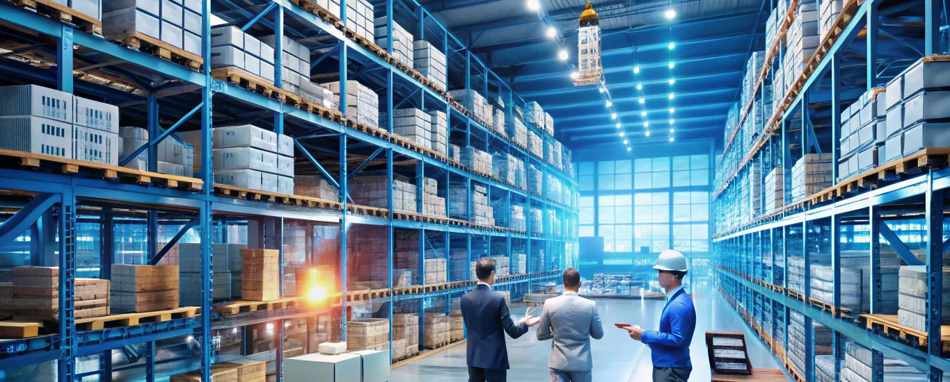 Modern warehouse with automated robotics and digital overlays showcasing inventory management software and warehouse management system integration