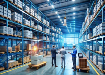 Modern warehouse with automated robotics and digital overlays showcasing inventory management software and warehouse management system integration