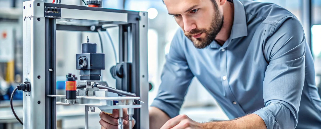 Technician performing 3D printer maintenance on Reynolds XZ-200 with clean print bed, lubrication, and calibration tools