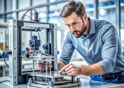 Technician performing 3D printer maintenance on Reynolds XZ-200 with clean print bed, lubrication, and calibration tools