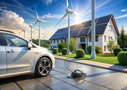Electric vehicle connected to a vehicle to grid technology charging station showcasing bi-directional energy flow