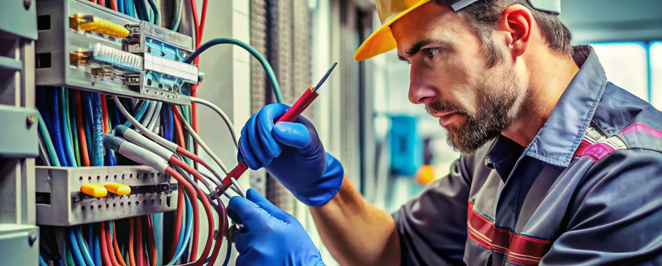 Electrician installing UL-listed electrical connectors with a torque tool on color-coded wires to ensure precise, safe, and corrosion-resistant electrical connections.
