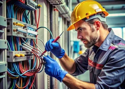 Electrician installing UL-listed electrical connectors with a torque tool on color-coded wires to ensure precise, safe, and corrosion-resistant electrical connections.