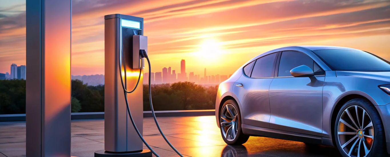 Futuristic EV charging station with liquid-cooled DC fast charging cable for 800V systems