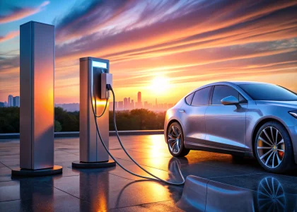 Futuristic EV charging station with liquid-cooled DC fast charging cable for 800V systems