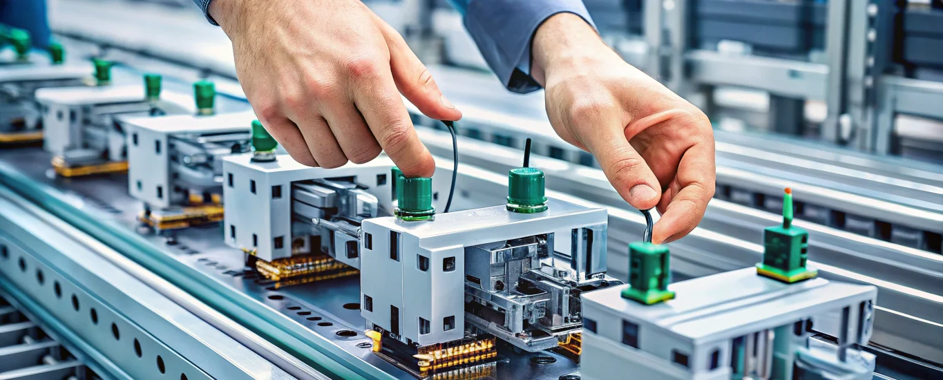 Close-up of modular electrical connectors being snapped together on a high-tech factory line conveying speed and precision.
