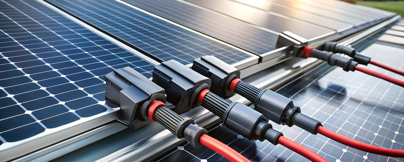 Close-up of MC4 solar panel connectors and PV wiring in a professional solar installation context, highlighting solar panel connectors.