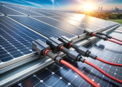 Close-up of MC4 solar panel connectors and PV wiring in a professional solar installation context, highlighting solar panel connectors.